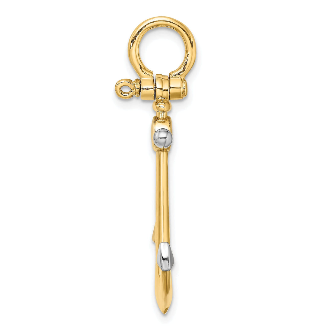 14K Yellow Gold Rhodium Polished Finish 3-Dimensional Anchor with Long T Bar and Shackle Bail Charm Pendant