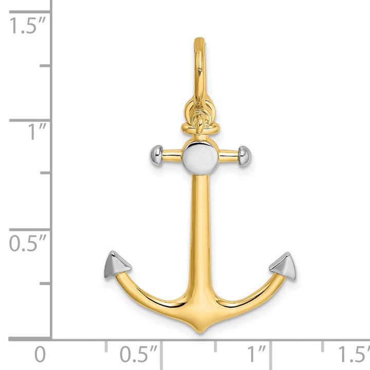 14K Yellow Gold Rhodium Polished Finish 3-Dimensional Anchor with Long T Bar and Shackle Bail Charm Pendant