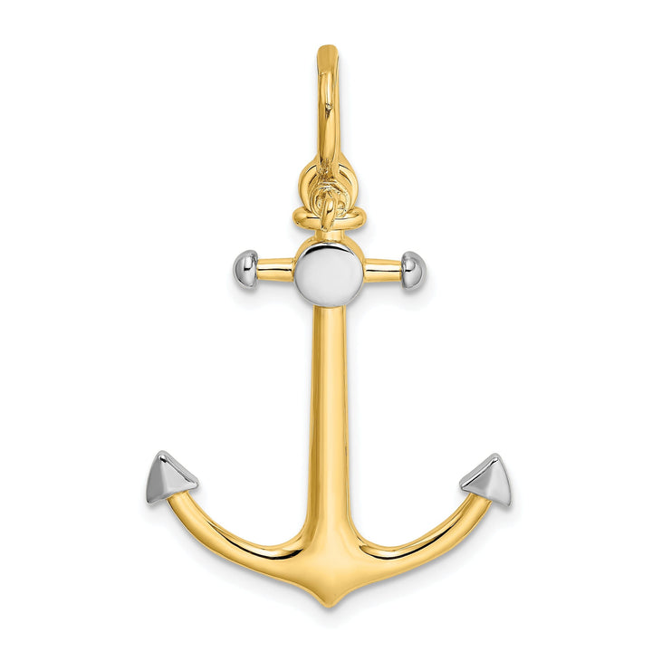 14K Yellow Gold Rhodium Polished Finish 3-Dimensional Anchor with Long T Bar and Shackle Bail Charm Pendant