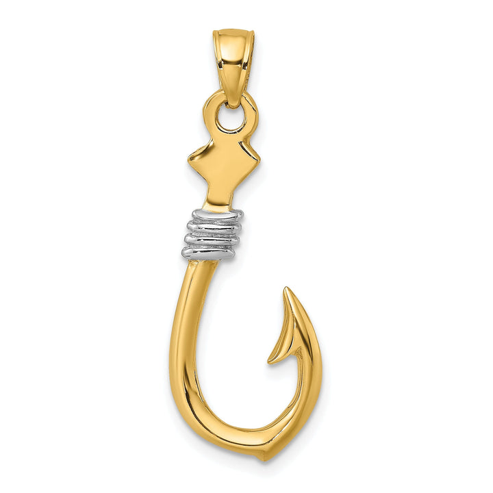 14K Yellow Gold White Rhodium 3-Dimensional Fish Hook With Rope Design Charm Pendant
