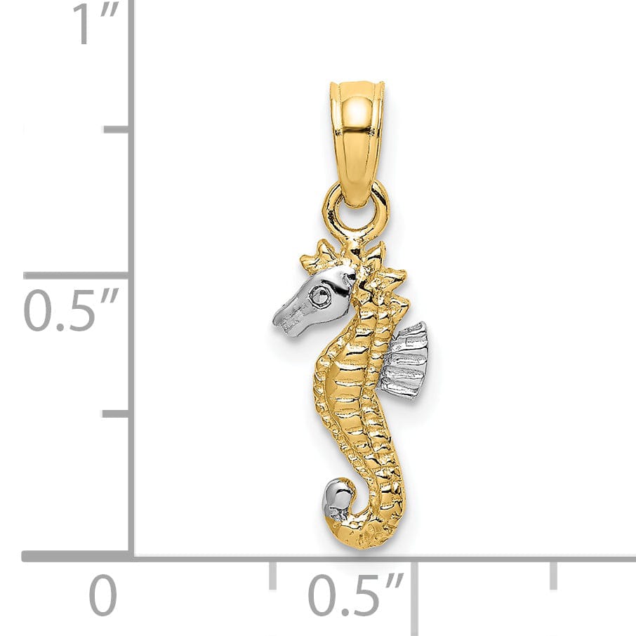 14K Yellow Gold with White Rhodium Texture Polished Finish Seahorse Charm Pendant