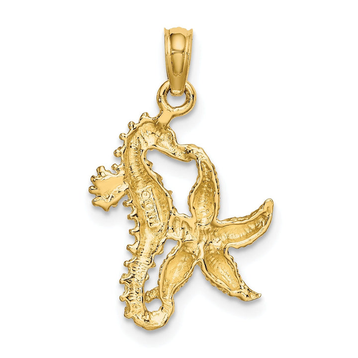 14K Yellow Gold with White Rhodium Texture Polished Finish 3-Dimensional Seahorse and Starfish Design Charm Pendant