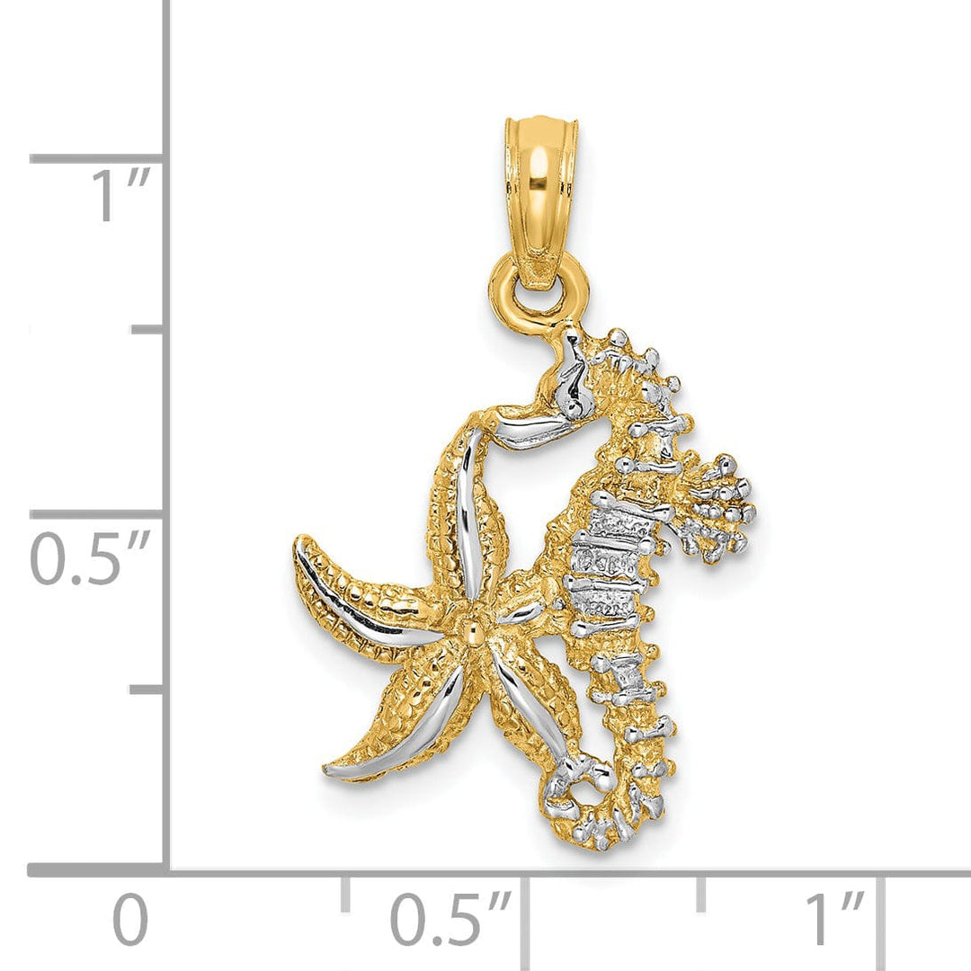 14K Yellow Gold with White Rhodium Texture Polished Finish 3-Dimensional Seahorse and Starfish Design Charm Pendant