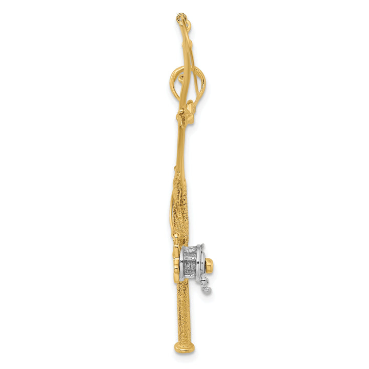 14K Yellow Gold With Rhodium Polished Finish 3-Dimensional Moveable Fishing Pole With Reel Charm Pendant