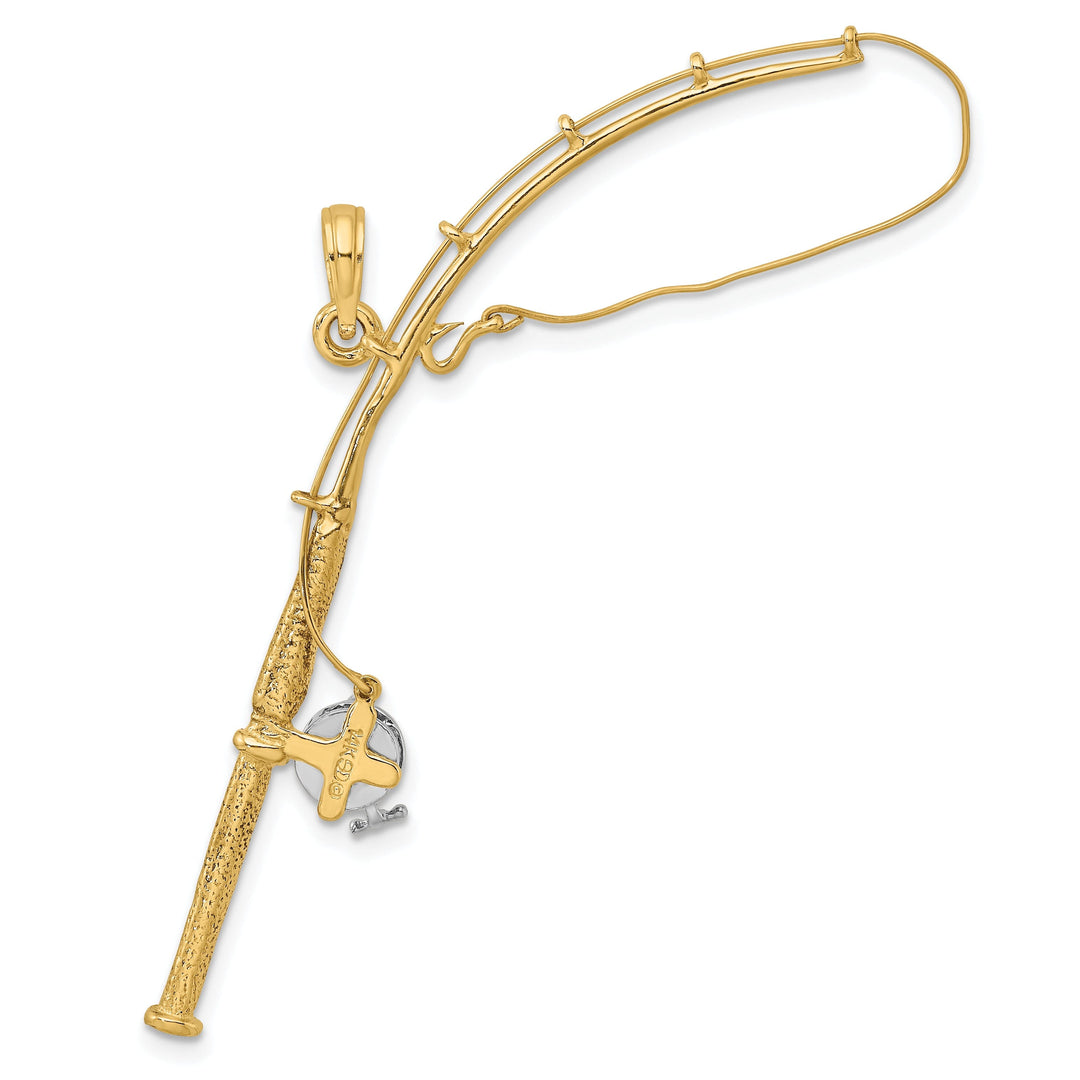14K Yellow Gold With Rhodium Polished Finish 3-Dimensional Moveable Fishing Pole With Reel Charm Pendant