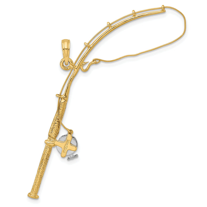 14K Yellow Gold With Rhodium Polished Finish 3-Dimensional Moveable Fishing Pole With Reel Charm Pendant