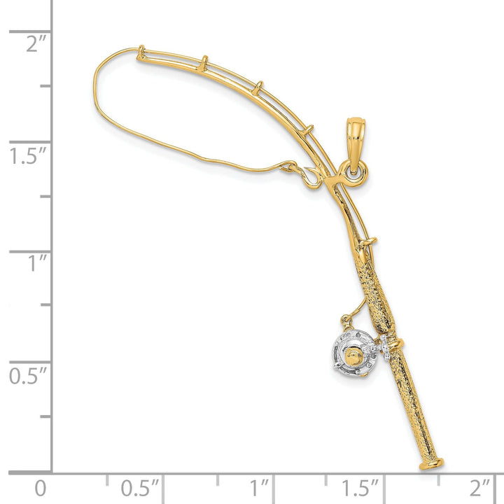 14K Yellow Gold With Rhodium Polished Finish 3-Dimensional Moveable Fishing Pole With Reel Charm Pendant