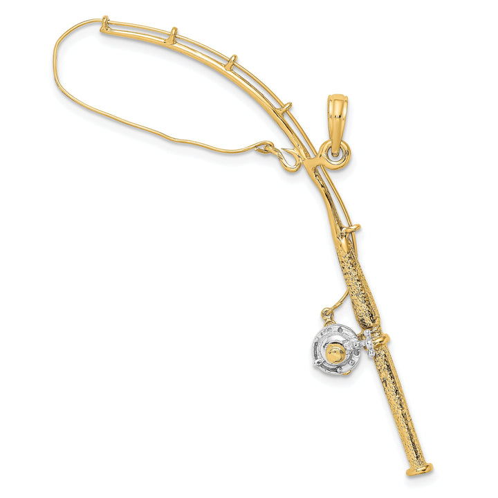 14K Yellow Gold With Rhodium Polished Finish 3-Dimensional Moveable Fishing Pole With Reel Charm Pendant