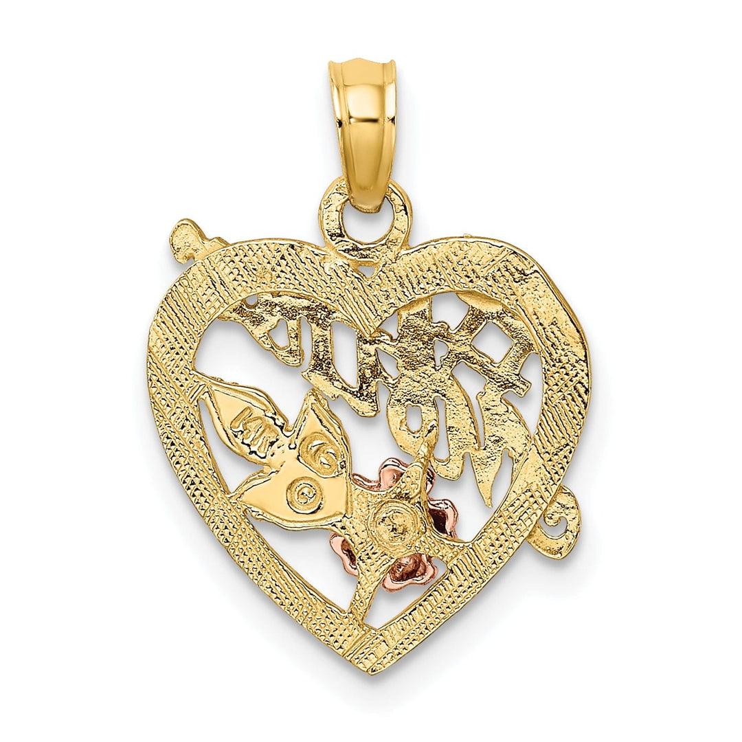 14K Two Tone Gold, White Rhodium Textured Polished Finish #1 MOTHER Heart with Leaf, Flower Design Charm Pendant