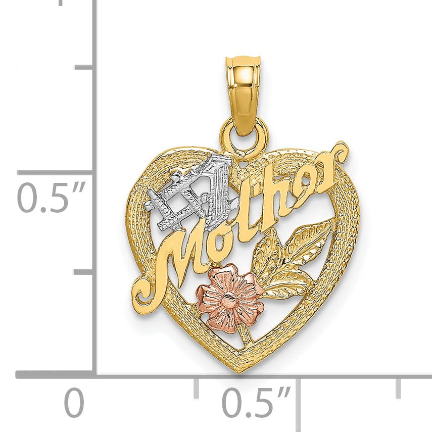 14K Two Tone Gold, White Rhodium Textured Polished Finish #1 MOTHER Heart with Leaf, Flower Design Charm Pendant