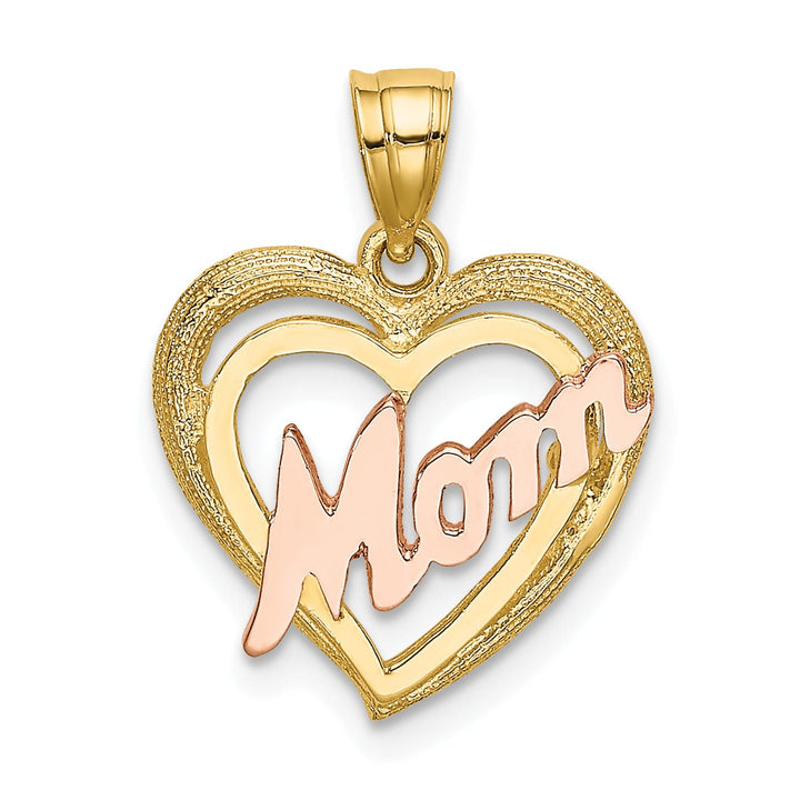 14k Two-Tone Gold Polished Textured Finish MOM in Double Heart Shape Design Charm Pendant