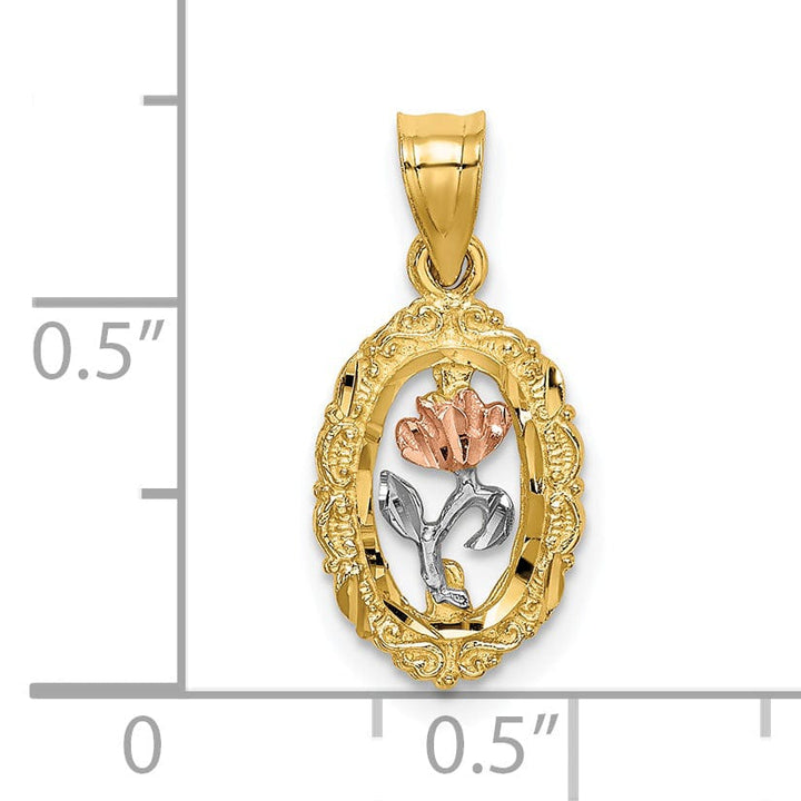 14K Tri-Color Gold with White Rhodium Rose Textured Back Solid Polished Finish In Oval Frame Charm Pendant
