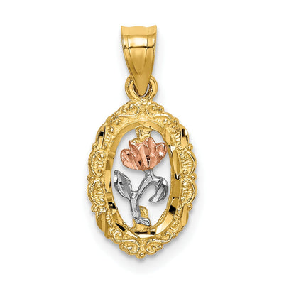 14K Tri-Color Gold with White Rhodium Rose Textured Back Solid Polished Finish In Oval Frame Charm Pendant