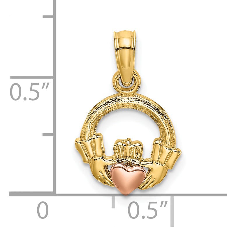 14k Two-Tone Gold Textured Polished Finish Claddagh with Heart Design Charm Pendant