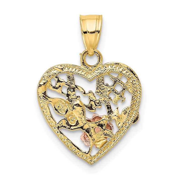 14k Two-Tone Gold, White Rhodium Textured Polished Finish #1 WIFE In Heart with Flower Design Charm Pendant