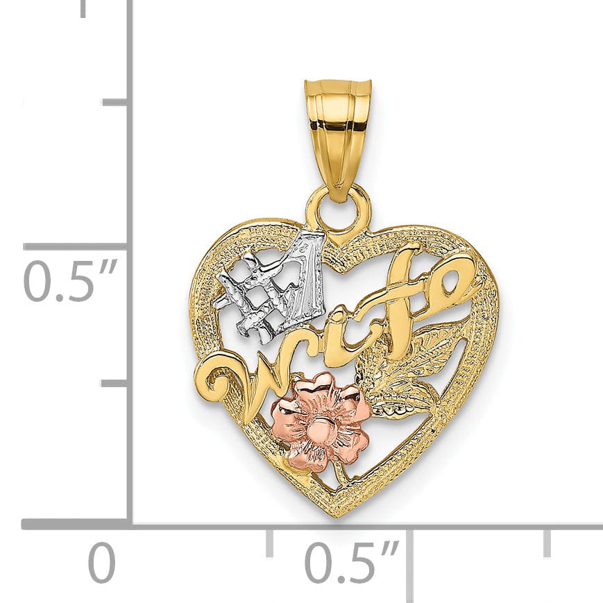 14k Two-Tone Gold, White Rhodium Textured Polished Finish #1 WIFE In Heart with Flower Design Charm Pendant