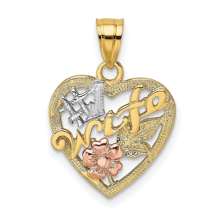 14k Two-Tone Gold, White Rhodium Textured Polished Finish #1 WIFE In Heart with Flower Design Charm Pendant