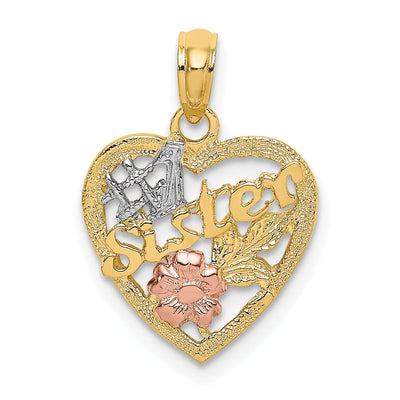 14k Yellow, Rose, Gold White Rhodium #1 SISTER In Heart with Flower Design Charm Pendant at $ 92.47 only from Jewelryshopping.com