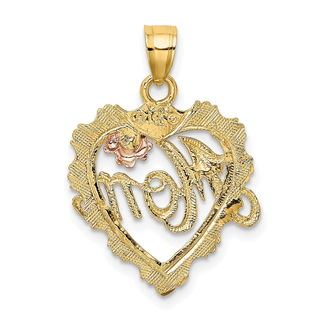 14k Two Tone Gold, White Rhodium Polished Texture Finish MOM in Heart Shape Design Charm Pendant