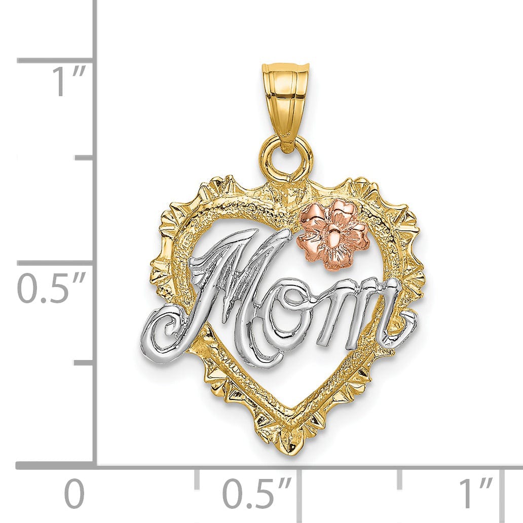 14k Two Tone Gold, White Rhodium Polished Texture Finish MOM in Heart Shape Design Charm Pendant