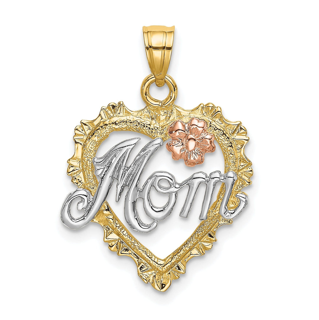 14k Two Tone Gold, White Rhodium Polished Texture Finish MOM in Heart Shape Design Charm Pendant