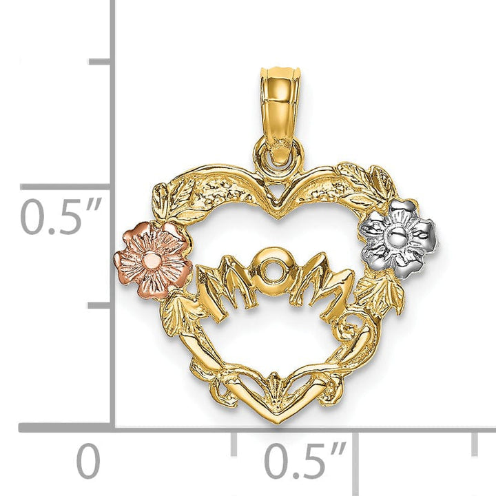 14k Yellow Gold,White Rhodium Textured Polished Finish MOM Heart with Flowers Design Charm Pendant