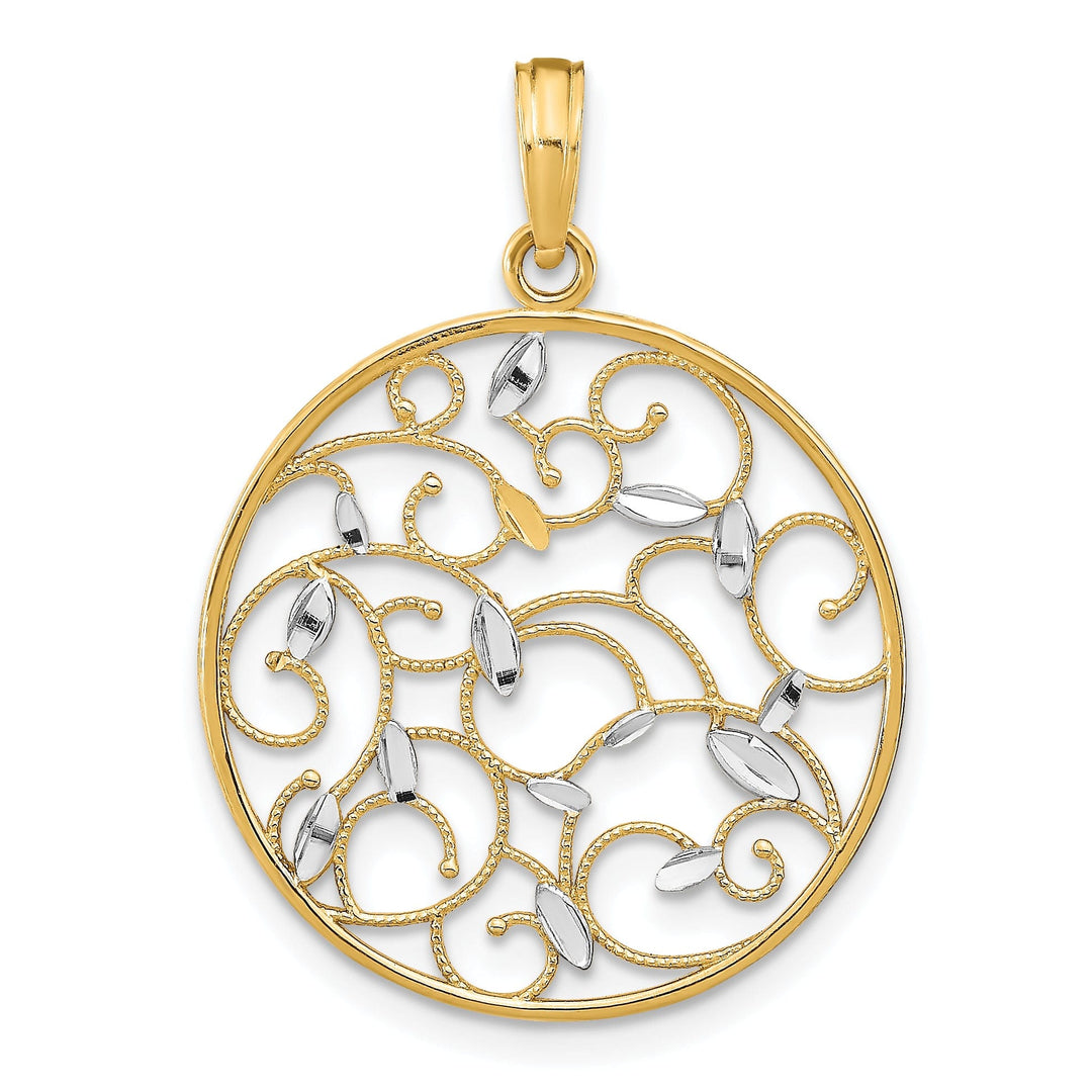 14K Yellow Gold, White Rhodium Filigree Polished Finish Floral Medallion Design Pendant
