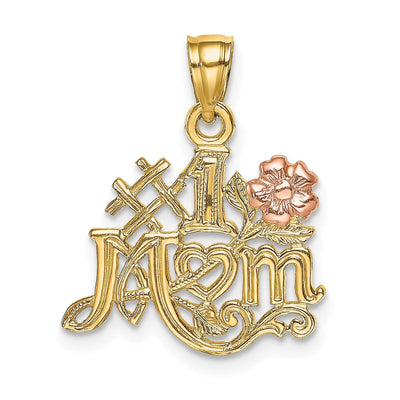 14k Two-Tone Gold Textured Polished Finish Script #1 MOM with Flower Design Charm Pendant