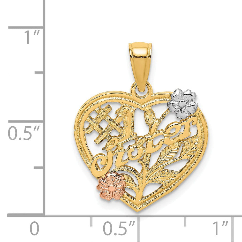 14k Two Tone Gold, White Rhodium SISTER in Heart with Flowers Style Design Charm Pendant