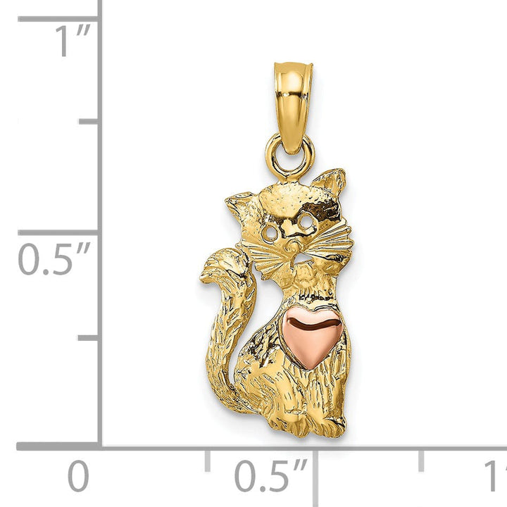 14k Two-Tone Gold Open Back Textured Polished Finish Cat with Heart Design Charm Pendant