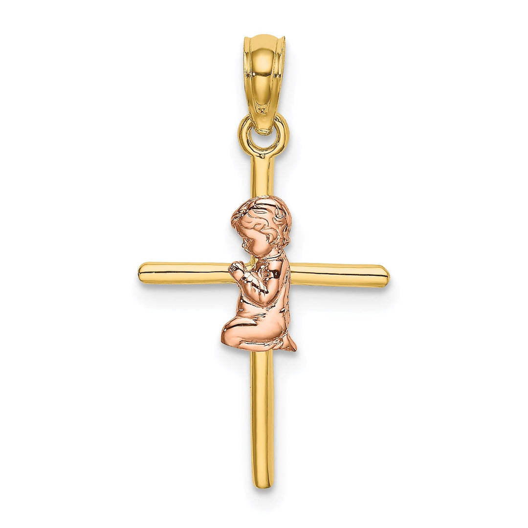 14k Yellow Rose Gold Polished 2-D Concave Praying Boy on Cross Pendant