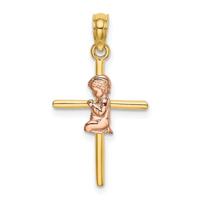 14k Yellow Rose Gold Polished 2-D Concave Praying Boy on Cross Pendant at $ 74.14 only from Jewelryshopping.com