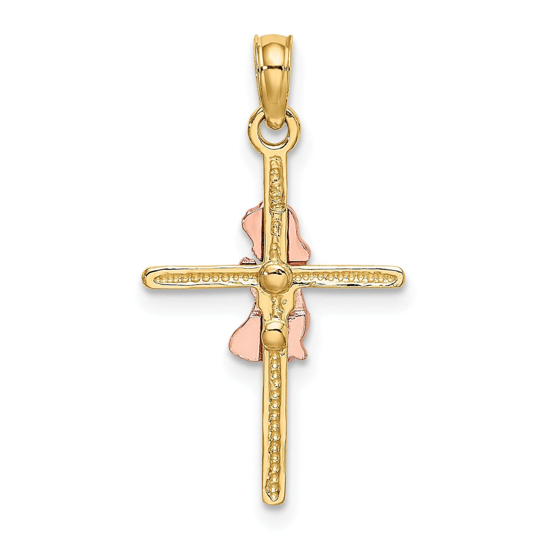 14k Yellow Rose Gold Polish 2-D Concave Praying Girl on Cross Pendant