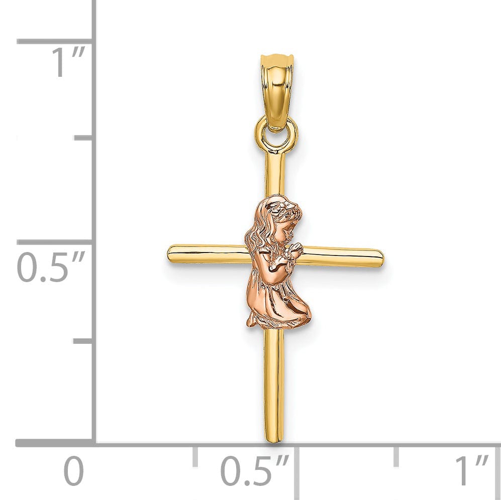 14k Yellow Rose Gold Polish 2-D Concave Praying Girl on Cross Pendant
