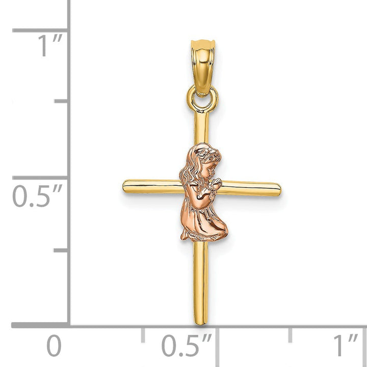 14k Yellow Rose Gold Polish 2-D Concave Praying Girl on Cross Pendant