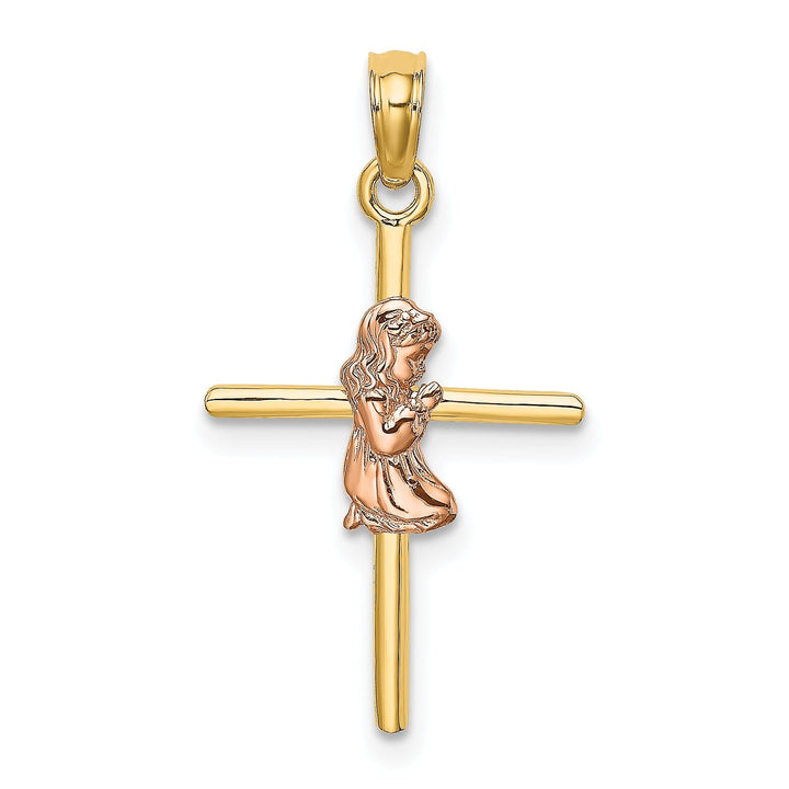 14k Yellow Rose Gold Polish 2-D Concave Praying Girl on Cross Pendant