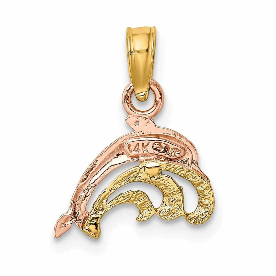 14K Rose Gold White Rhodium Dolphin Swimming in Wave Design Charm Pendant