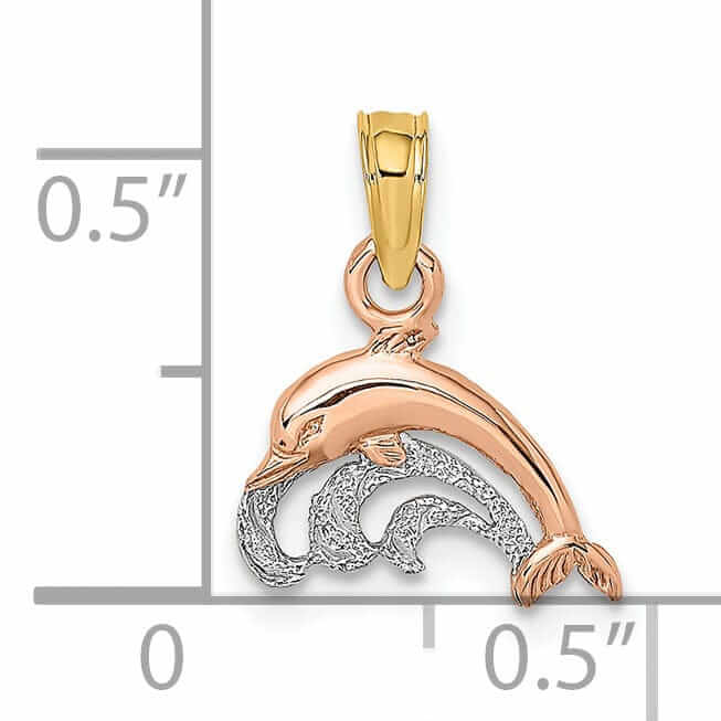 14K Rose Gold White Rhodium Dolphin Swimming in Wave Design Charm Pendant