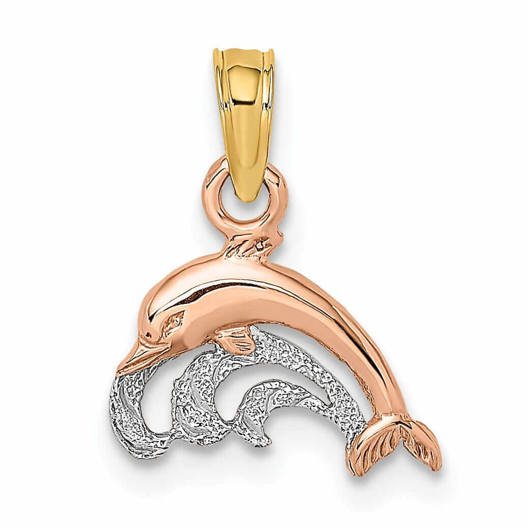 14K Rose Gold White Rhodium Dolphin Swimming in Wave Design Charm Pendant
