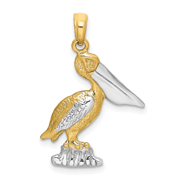 14K Yellow Gold White Rhodium Textured Polished Finish Pelican Standing on Piling Charm Pendant