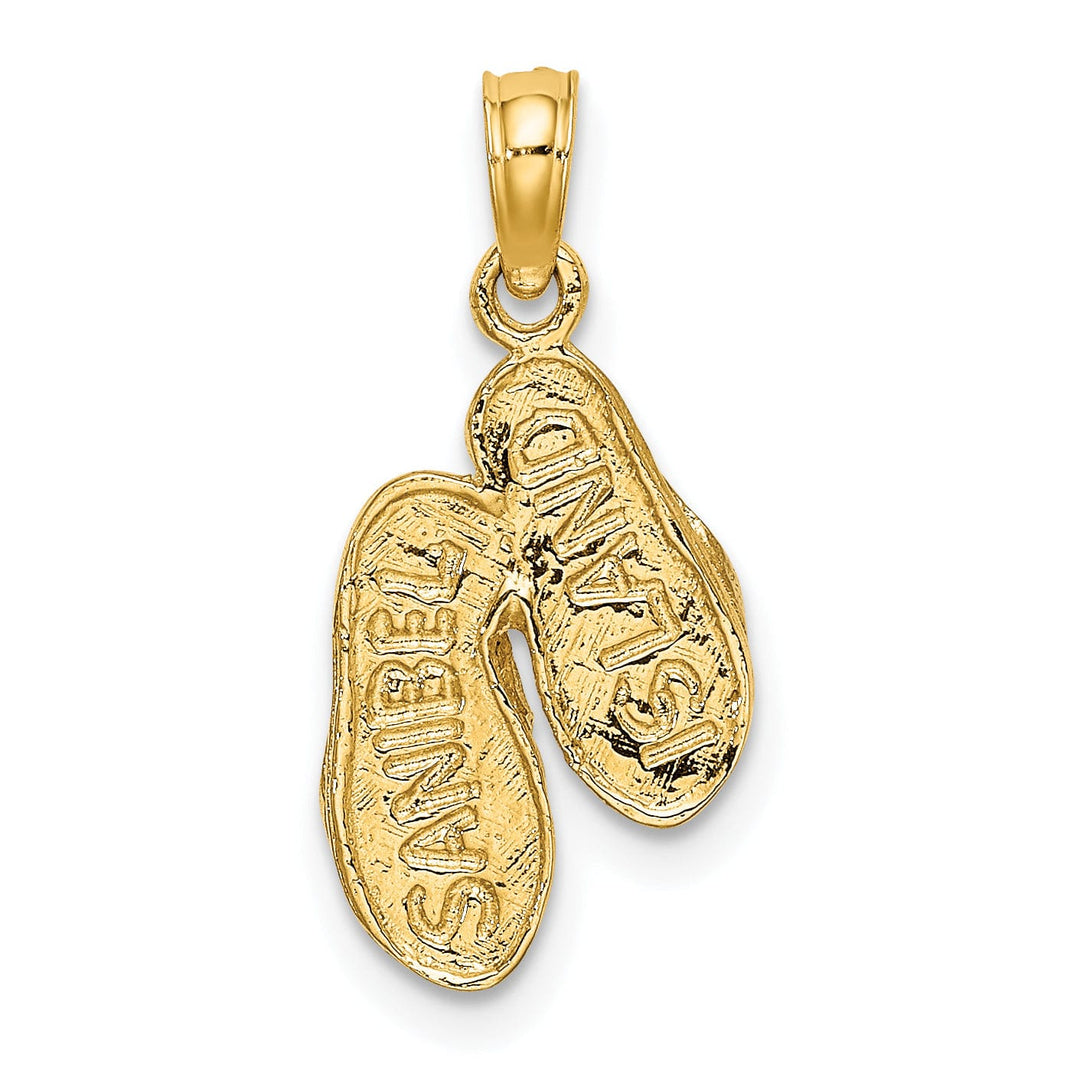 14k Yellow Gold, White Rhodium Polished Textured Finish 3-Dimensional SANIBEL ISLAND Double Flip Flop Sandles Charm Pendant