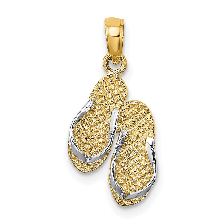 14k Yellow Gold, White Rhodium Polished Textured Finish 3-Dimensional SANIBEL ISLAND Double Flip Flop Sandles Charm Pendant