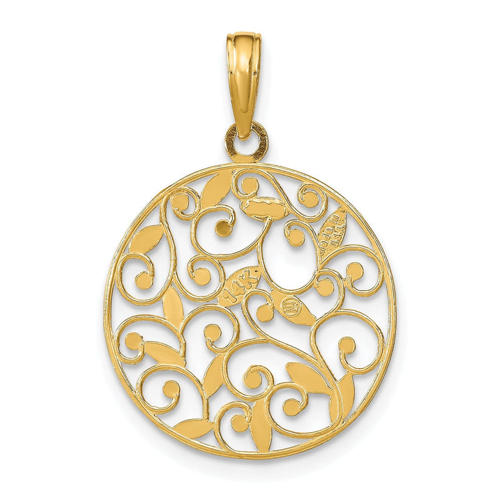 14K Yellow Gold, White Rhodium Polished Diamond Cut Finish Round Filigree Design Pendant