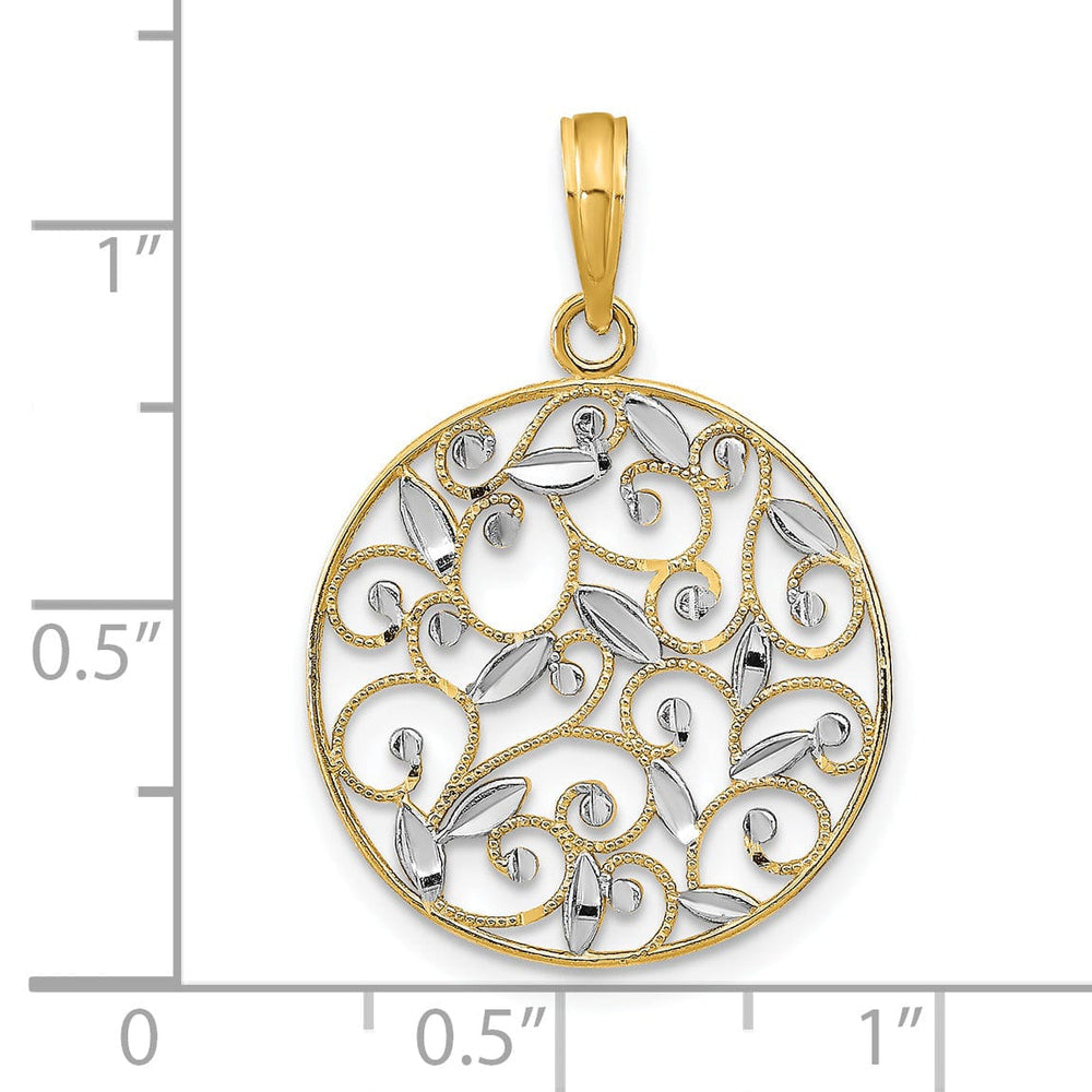 14K Yellow Gold, White Rhodium Polished Diamond Cut Finish Round Filigree Design Pendant