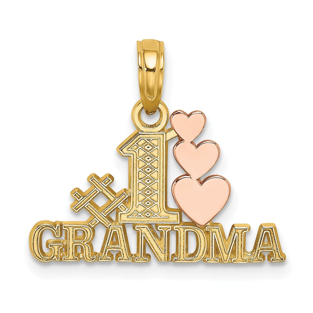 14k Two Tone Gold Flat Back Textured Polished Finish Script #1 GRANDMA with Three Hearts Design Charm Pendant