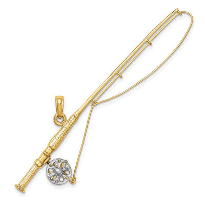 14K Yellow Gold With Rhodium Polished Finish 3-Dimensional Fly Rod Fishing Pole With Reel Charm Pendant
