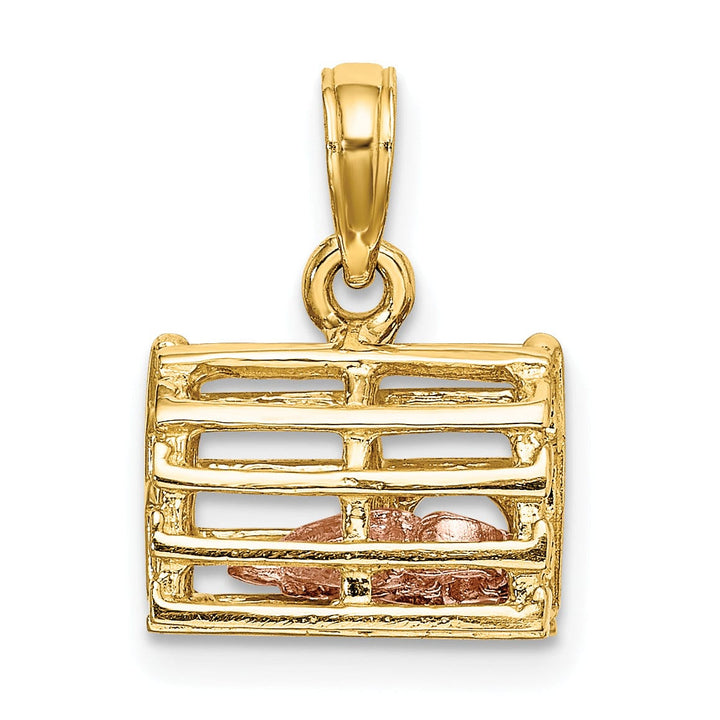 14K Two Tone Gold Polished Finish Moveable 3-Dimensional Pink Lobster In Trap Charm Pendant