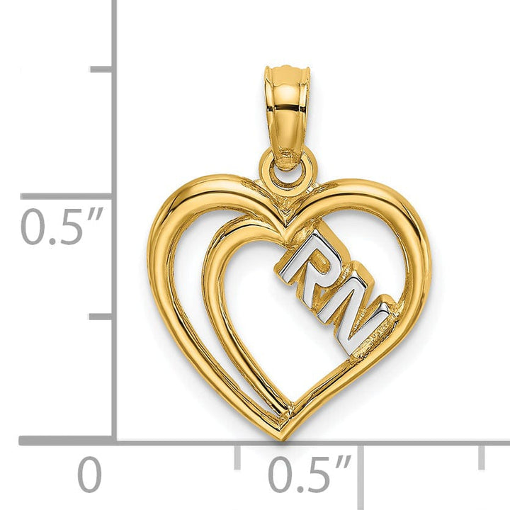 14k Yellow Gold, White Rhodium Polished Finish R.N Inside Double Hearts Design Charm Pendant