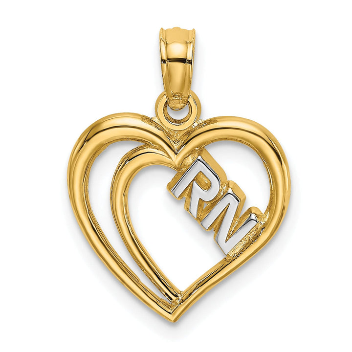 14k Yellow Gold, White Rhodium Polished Finish R.N Inside Double Hearts Design Charm Pendant