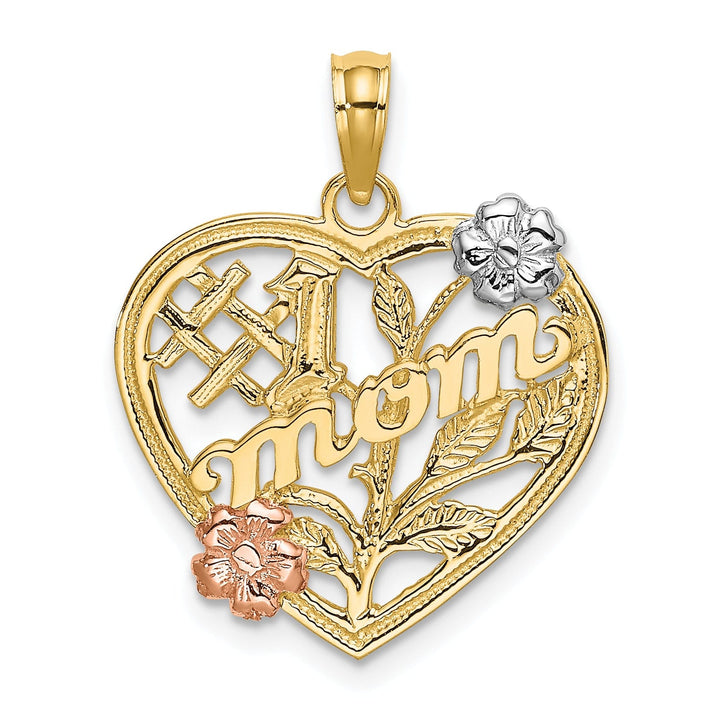 14K Two Tone Gold, White Rhodium Textured Polished Finish #1 MOM Heart with Leaf, Flower Design Charm Pendant